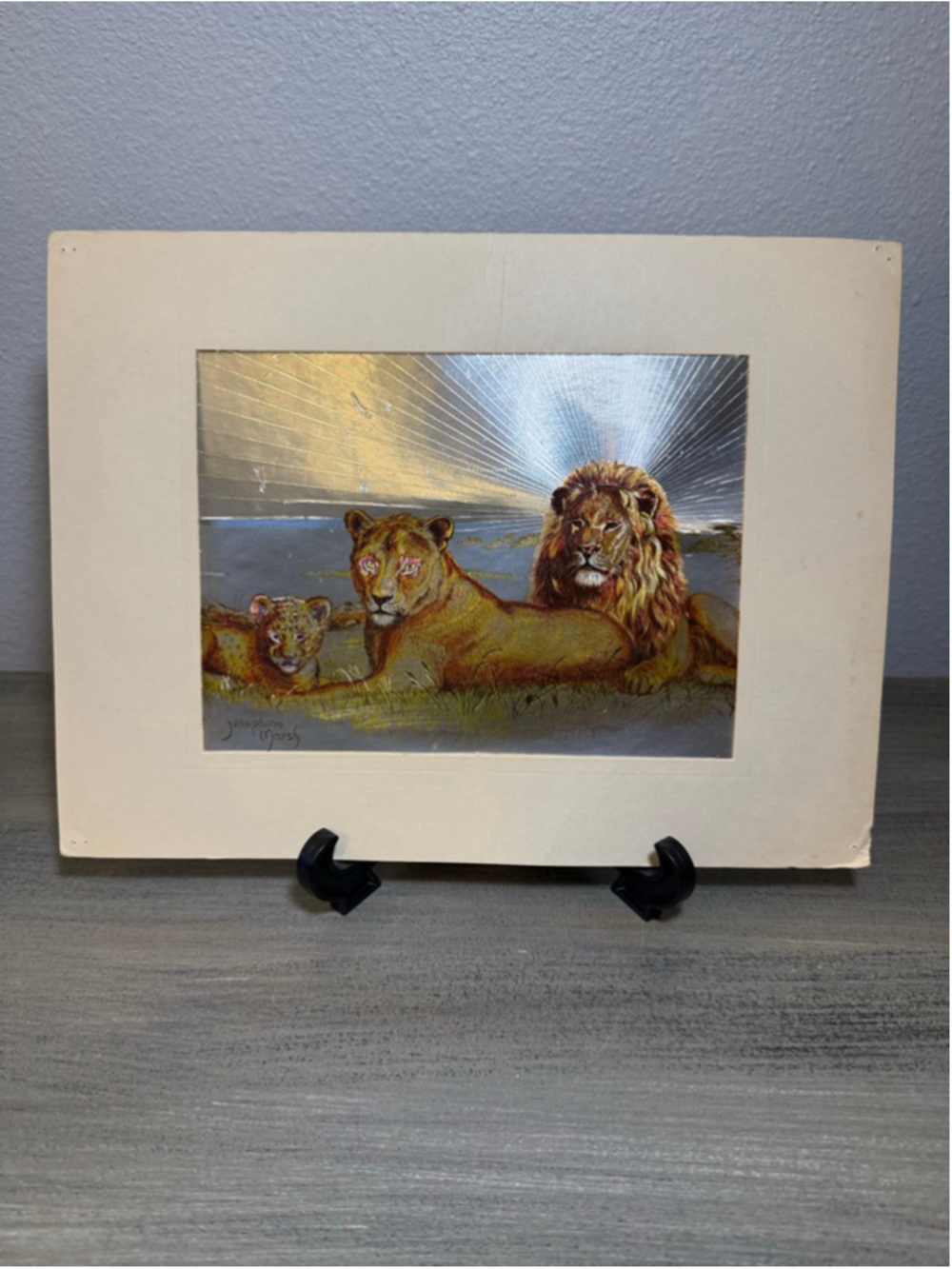 Vintage 1980s Dufex Foil Print Lion Family Jungle Josephine Marsh England 9x12